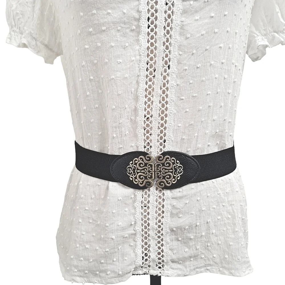 Black gold floral buckle faux leather corset boho stretch waist statement belt